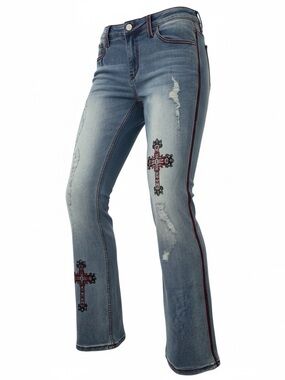 Flamingals Embroidered Red Crosses Distressed Blue Women's L 32x30 Flare Jeans